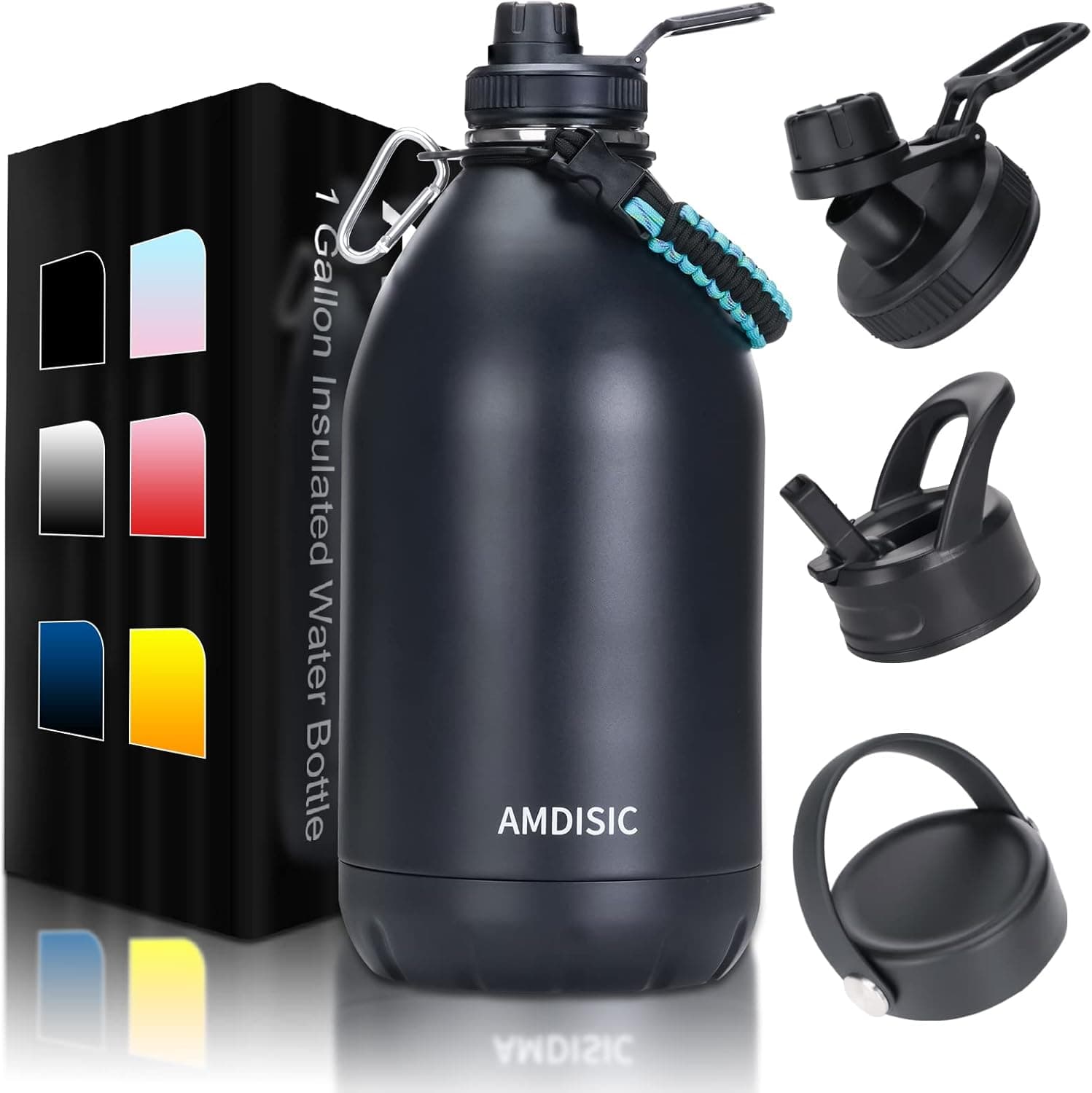 AMDISIC One Gallon Vacuum Insulated Water Bottle With Straw & 3 Lids, 128oz Stainless Steel Metal Large Water Jug for Outdoor Hiking Camping Sport Hot Cold Drink