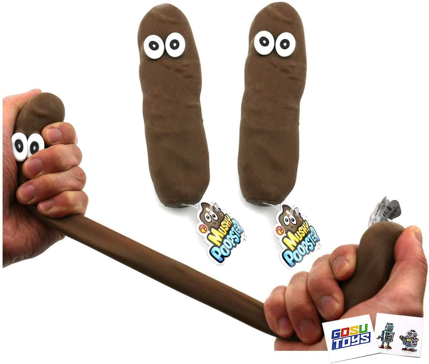 Poo Doo Mushy Poopster Dough Ball Stress Ball Bundle Soft Squishy Silicone Streches Long Stress Reliever Poop Toy (2 Pack) with 2 GosuToys Stickers