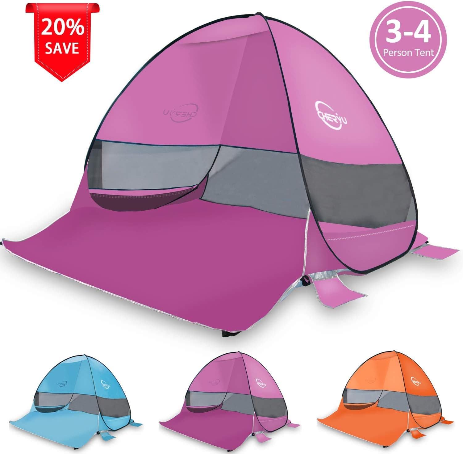 Cheryu Pop Up Beach Tent,Portable Outdoor Cabana 3-4 Person Camping Sun Shelter Fishing Anti UV Automatic Instant Beach Umbrella Beach Shelter,Easy to Set up and Carry, 78.7"x 64.9"x 51.2" (Pink)