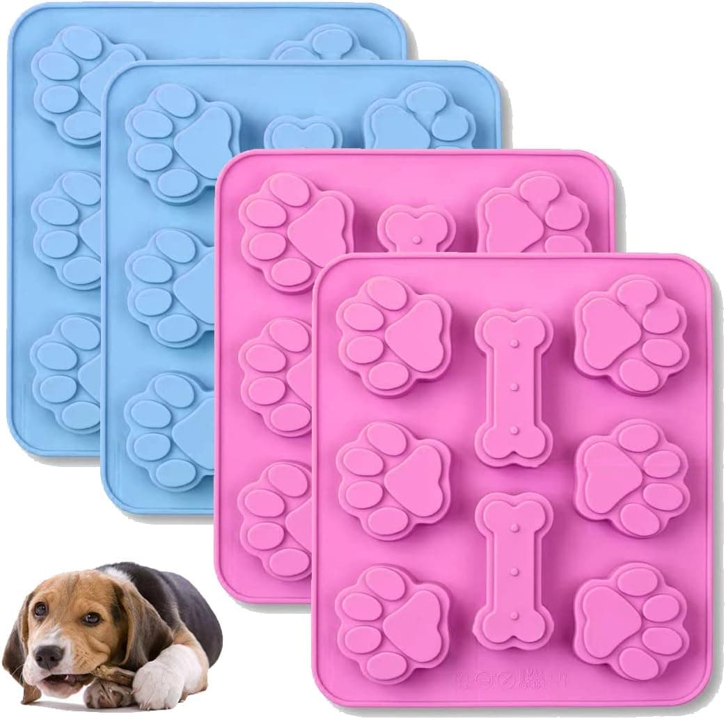 4 Pcs Silicone Puppy treat molds, Dog Paw and Bone Mold Ice Cube Mold, Jelly, Biscuits, Chocolate, Candy Baking Mold, Oven Microwave Freezer Dishwasher Safe-Pink & Blue (4)