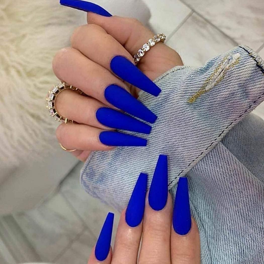 Uranian Coffin Extra Long Press on Nails Blue Matte Fake Nails Ballerina Halloween Full Cover False Nails Artificial Acrylic Nails Tips for Women and Girls (24pcs) (Royal Blue)