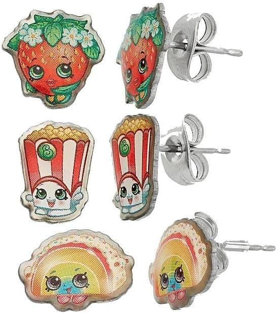Shopkins Pretend Play Girl's Set of 3 Pierced Earrings - Rainbow Bite, Poppy Corn, Strawberry Kiss