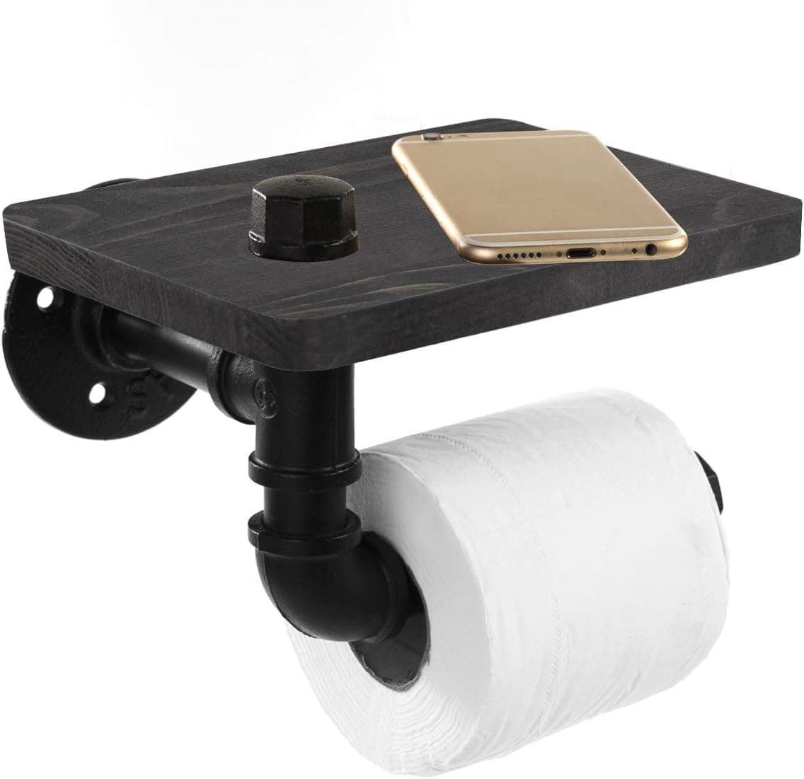 Prodigen Industrial Toilet Paper Holder with Rustic Wooden Shelf and Cast Iron Pipe Hardware, Pipe Toilet Paper Holder for Bathroom, Washroom-Black