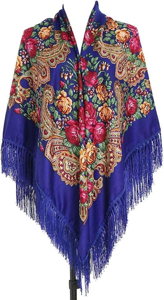 Gudessly 62"*62"Oversized Women's Traditional Retro Scarf Wrap Tassel Fringes Floral Poncho Shawl Printing Shawl