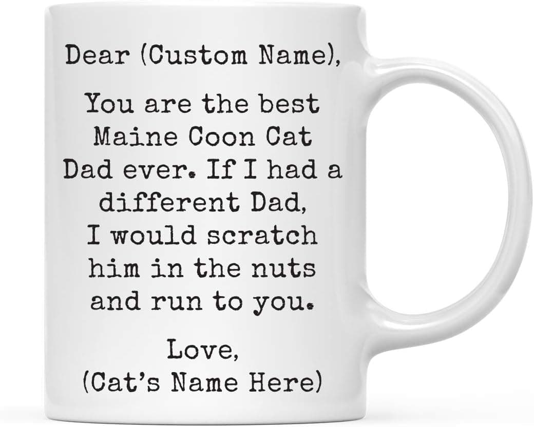 Andaz Press Personalized Funny Dad 11oz. Coffee Mug Gag Gift, Best Maine Coon Cat Dad, Scratch in Nuts and Run to You, 1-Pack, Custom Cat Lover's Christmas Birthday Ideas, Includes Gift Box