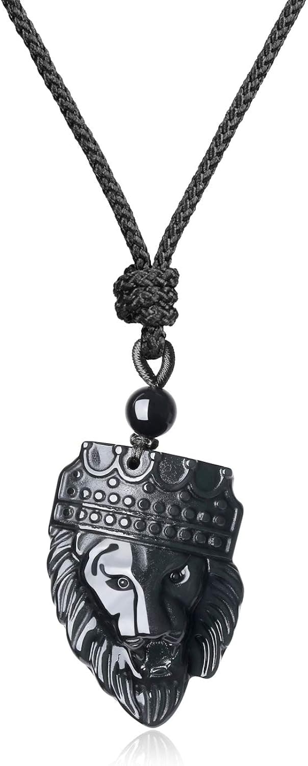 COAI Crowned Lion King Obsidian Stone Pendant Necklace