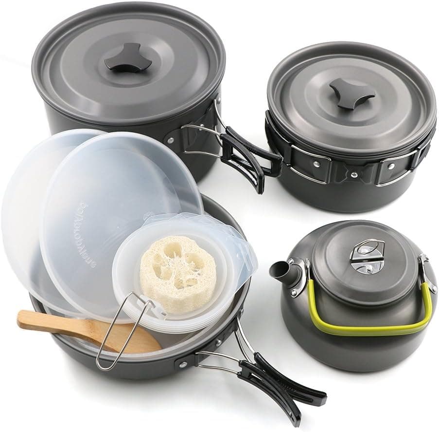 Camping Mess Kit Camping Cookware Pots and Pans For 4 -5 Families, Lightweight Backpacking & Hiking Equipment Outdoor Cooking Utensil, Durable and Compact, 2 Pots, Pan, 5 Bowls, Teakettle, and Plates