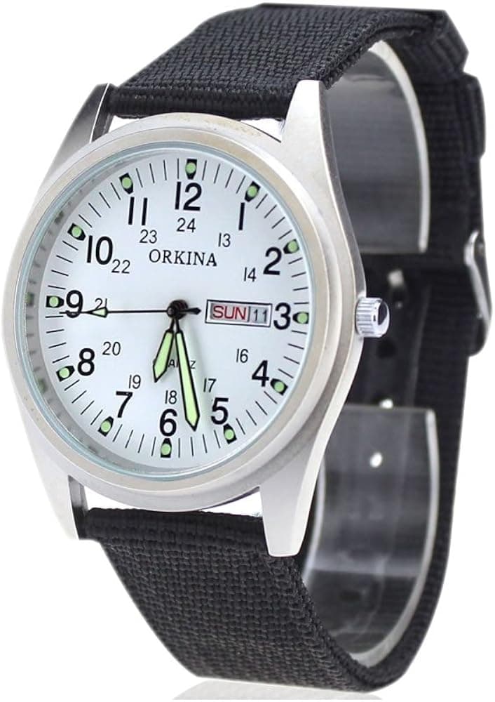 Orkina Mens White Dial Quartz Nylon Date Day Fabric Band Wrist Watch P104CA-SW