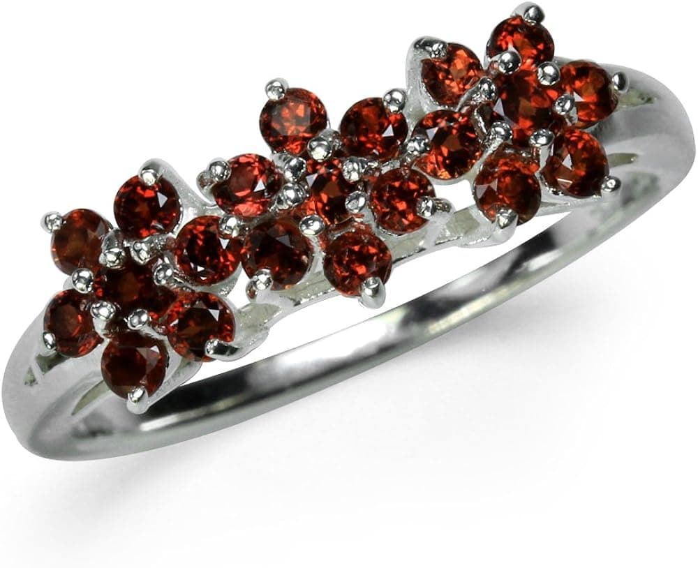 Silvershake Natural Garnet 925 Sterling Silver 3 Flowers Cluster Ring