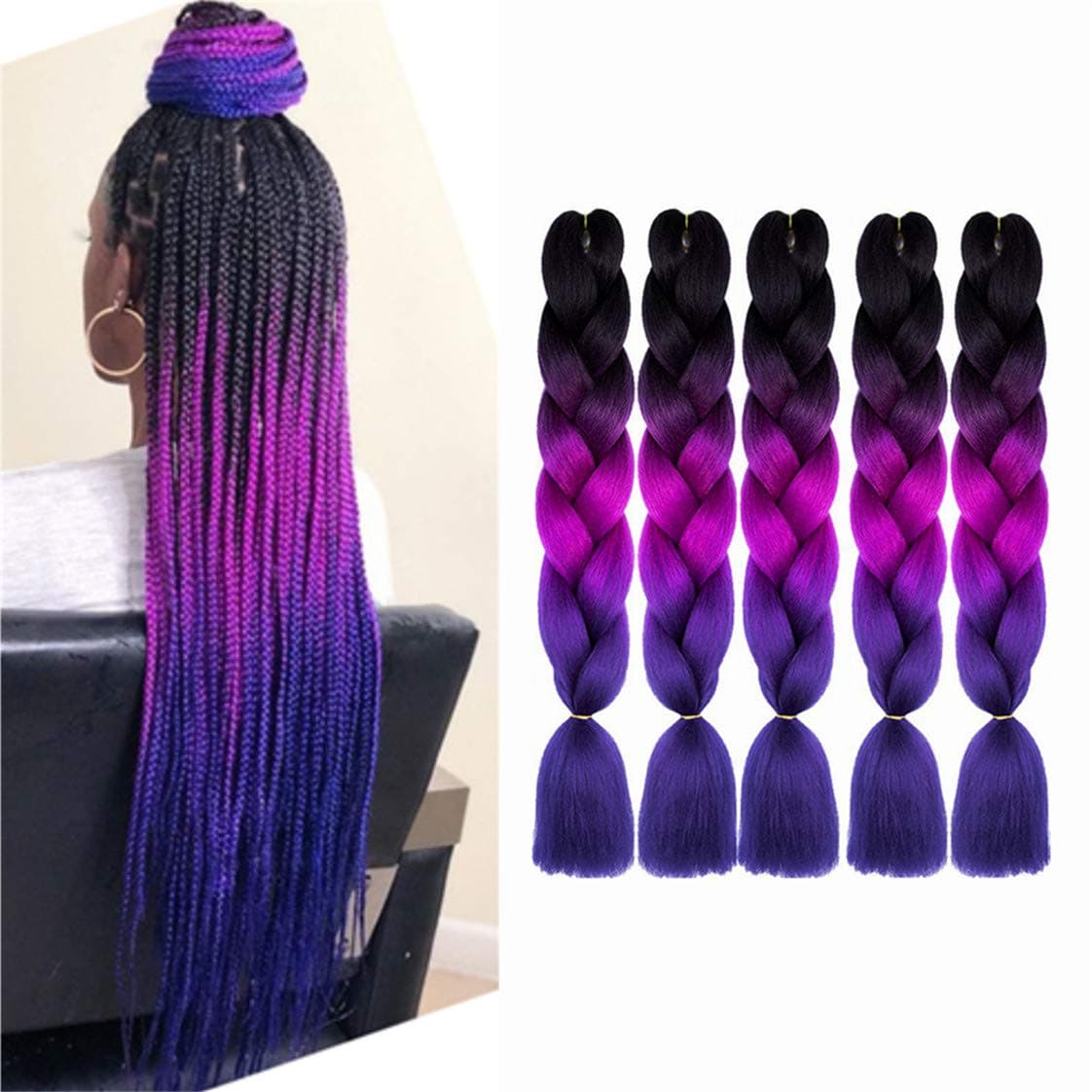 Jumbo Braiding Hair Extensions Kanekalon Braiding Hair Pre Stretched Afro Ombre Multiple Tone Colored Synthetic Hair For Box Twist Braids (24 Inch Black-Purple-Dark-Blue)