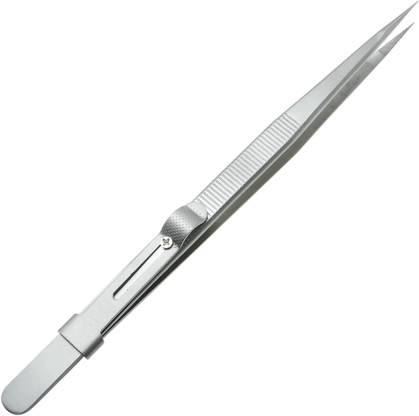 E-outstanding 304 Stainless Steel Pointed Tip Professional Straight Vinyl Tweezer with Lock Slip for Headshell Leads LP
