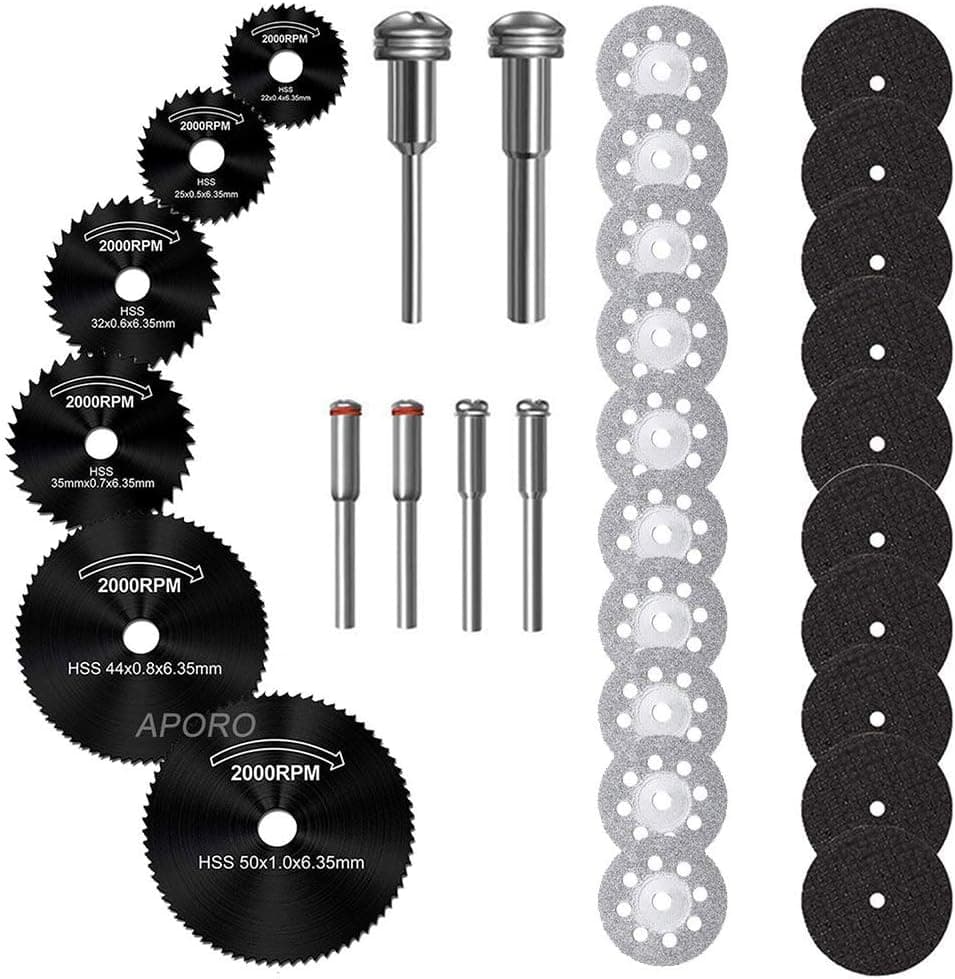 32 Pc. Rotary Tool Accessory Set for Dremel, 1-1/4 in Fiberglass Reinforced Cut-Off Wheel, 7/8 in Diamond Rotary Cutting Discs and Mini-Saw Blade with 48 Cutting Teeth