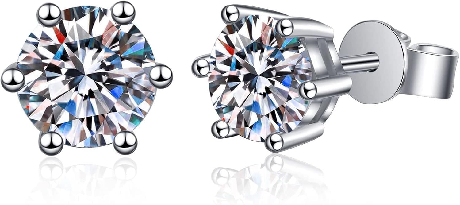 Skyfun 1CT Moissanite Stud Earrings D Color VVS1 Classic Round Brilliant Cut Simulated Diamond Earrings for Women Lab Created Dimond 18K White Gold Plated 925 Sterling Silver Moissanite Earrings Men 3-6 Prong Pierced Earring studs Valentine's Day Gifts for Women