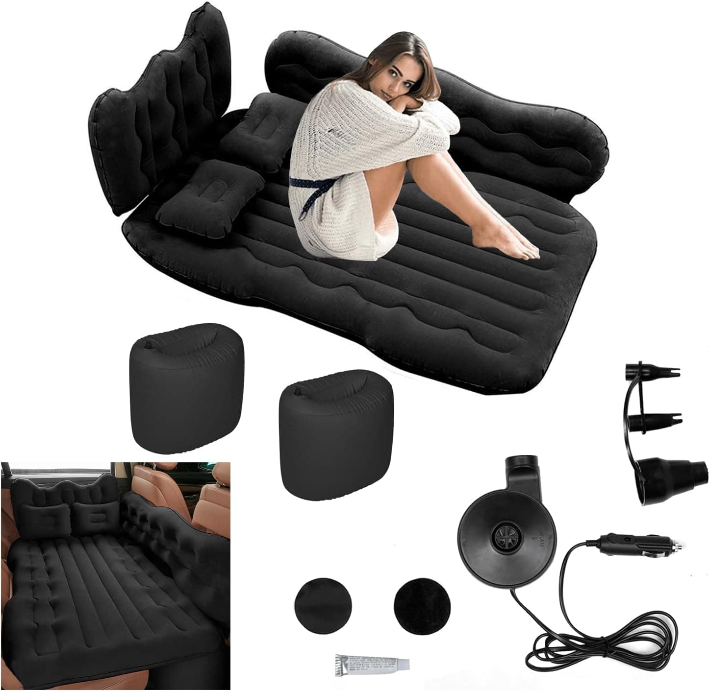 Conlia Inflatable Car Air Mattress - Thickened Car Camping with Pocket,Headboard,Two Air Pillows and Electric Car Air Pump, Flocking & PVC for SUV Sedan Pickup Back Seat(Black)