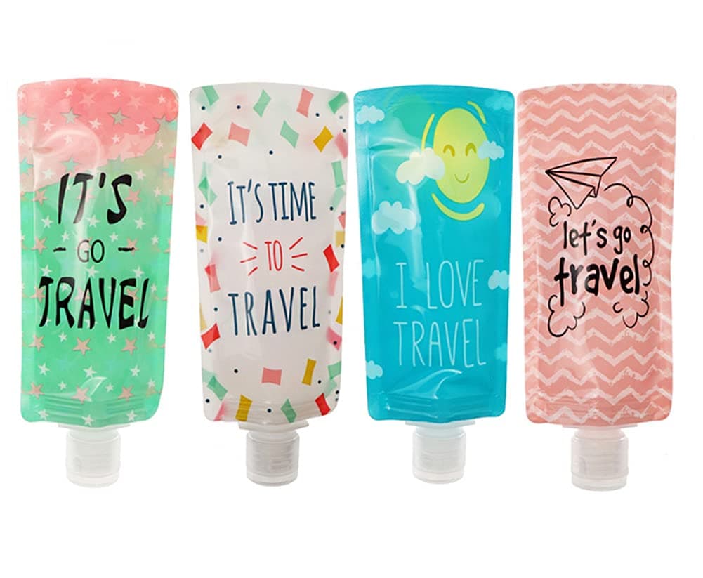 4 Pcs Travel Squeeze Packing Bag 100ml/3.4oz Cartoon Portable Sampoo Lotion Liquid Storage Bag Leakproof Cosmetic Toiletry Containers Pouches