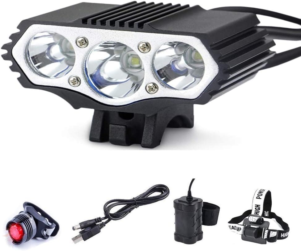 BESTSUN Super Bright 3 LED 6000 Lumens Bike Headlight Headlamp Bicycle Light, Bike Front Light & Tail Light Set with USB Rechargeable Waterproof 10000mAh Battery Pack for Mountain Cycling, Riding