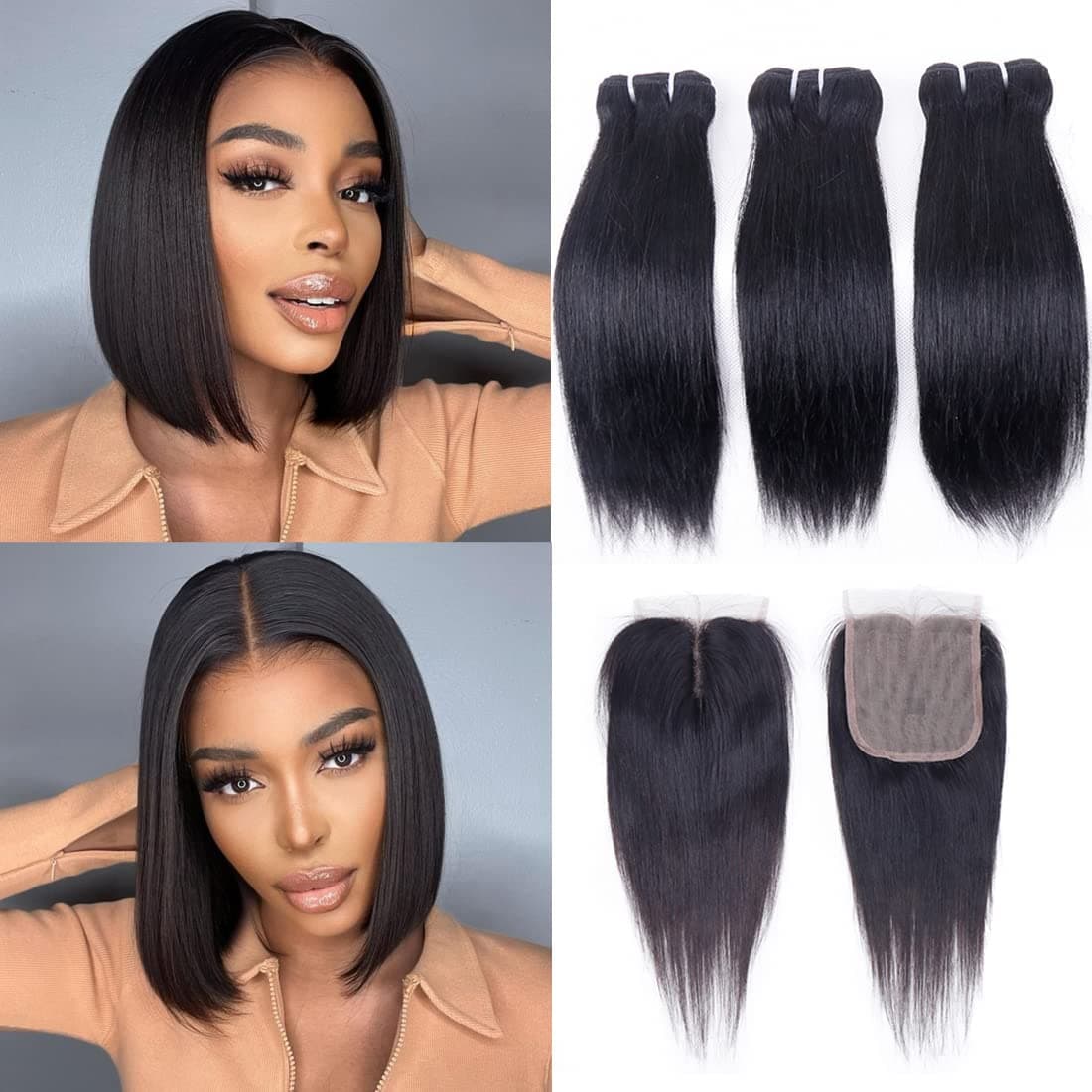 Brazilian Straight Human Hair Bundles with T Part Closure(10 10 10+10)Straight 3 Bundles with Closure 50g/bundle 10A Unprocessed Straight Virgin Short Bob Hair Bundles with 4X1 Hand-Tied Lace Closure