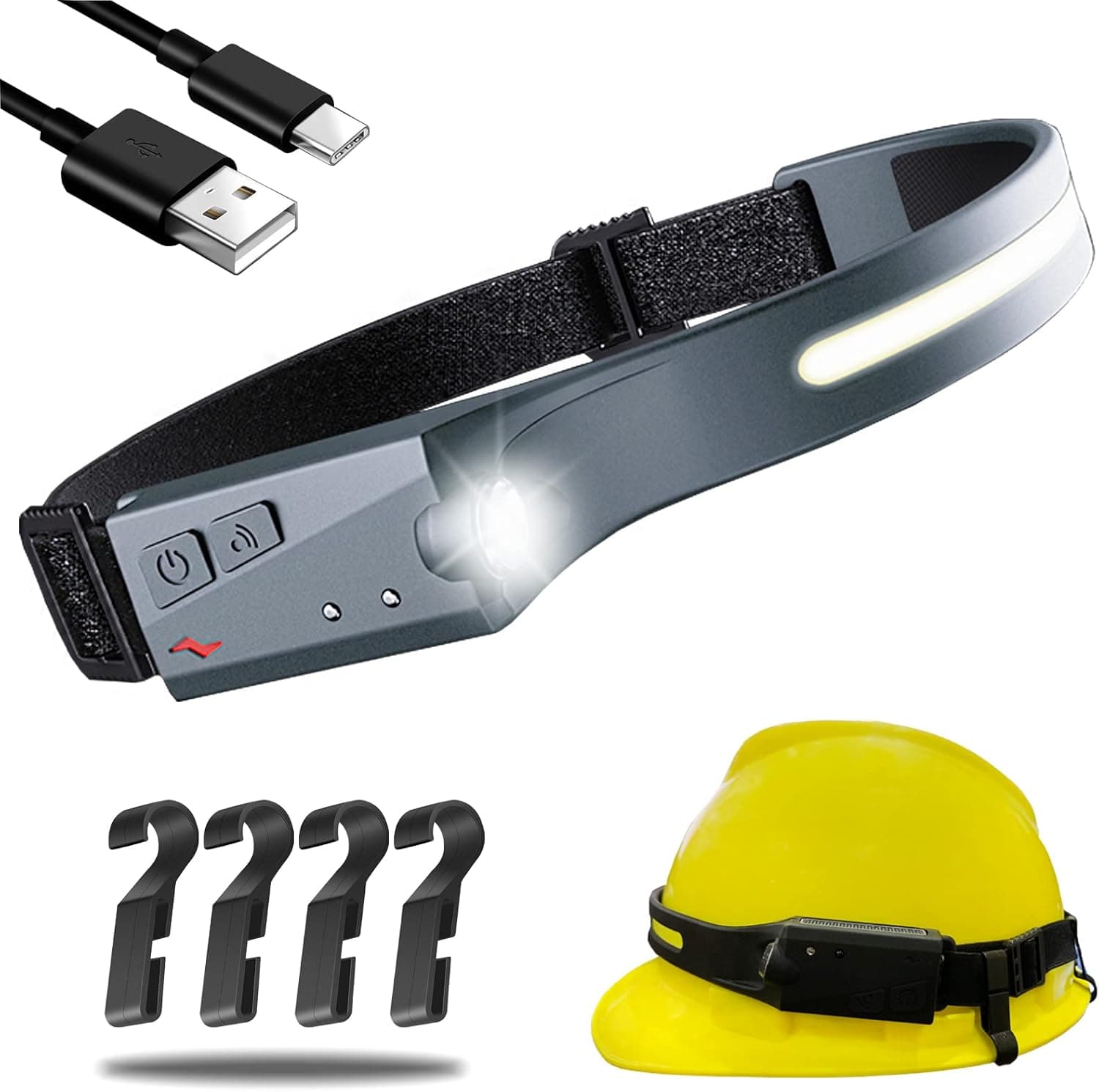 BASHO FAN LED Headlamp Rechargeable - Motion Sensor Wide Beam Led Bright Headlamp with 5 Modes - Adult Hardhat Headlamp for Running, Outdoor, Hiking and Camping