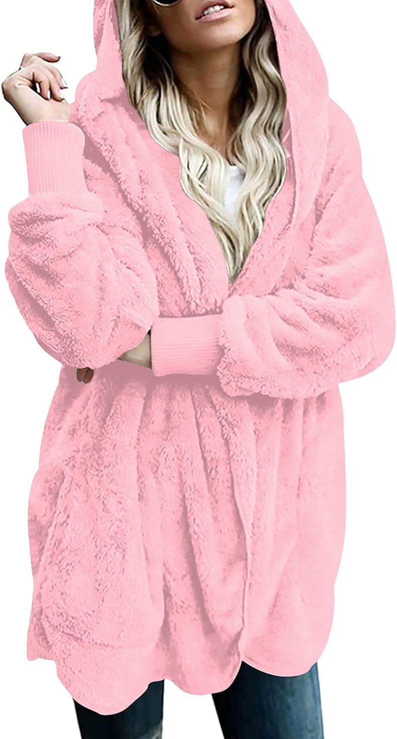 LONGYUAN Women's Fleece Jacket Fuzzy Hooded Casual Coats Cardigan Sweaters with Pokets