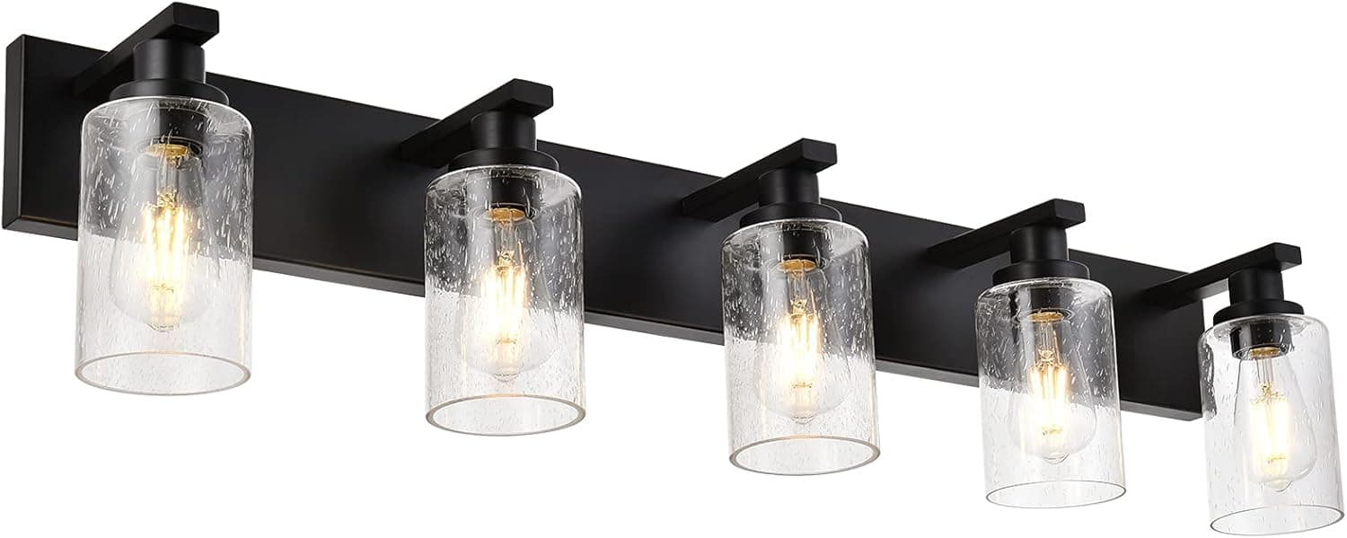 WINSHEN 5-Lights Farmhouse Bathroom Vanity Light in Black Finish Wall Mount Lighting Fixtures with Seeded Glass for Mirror Cabinet Kitchen Bedroom