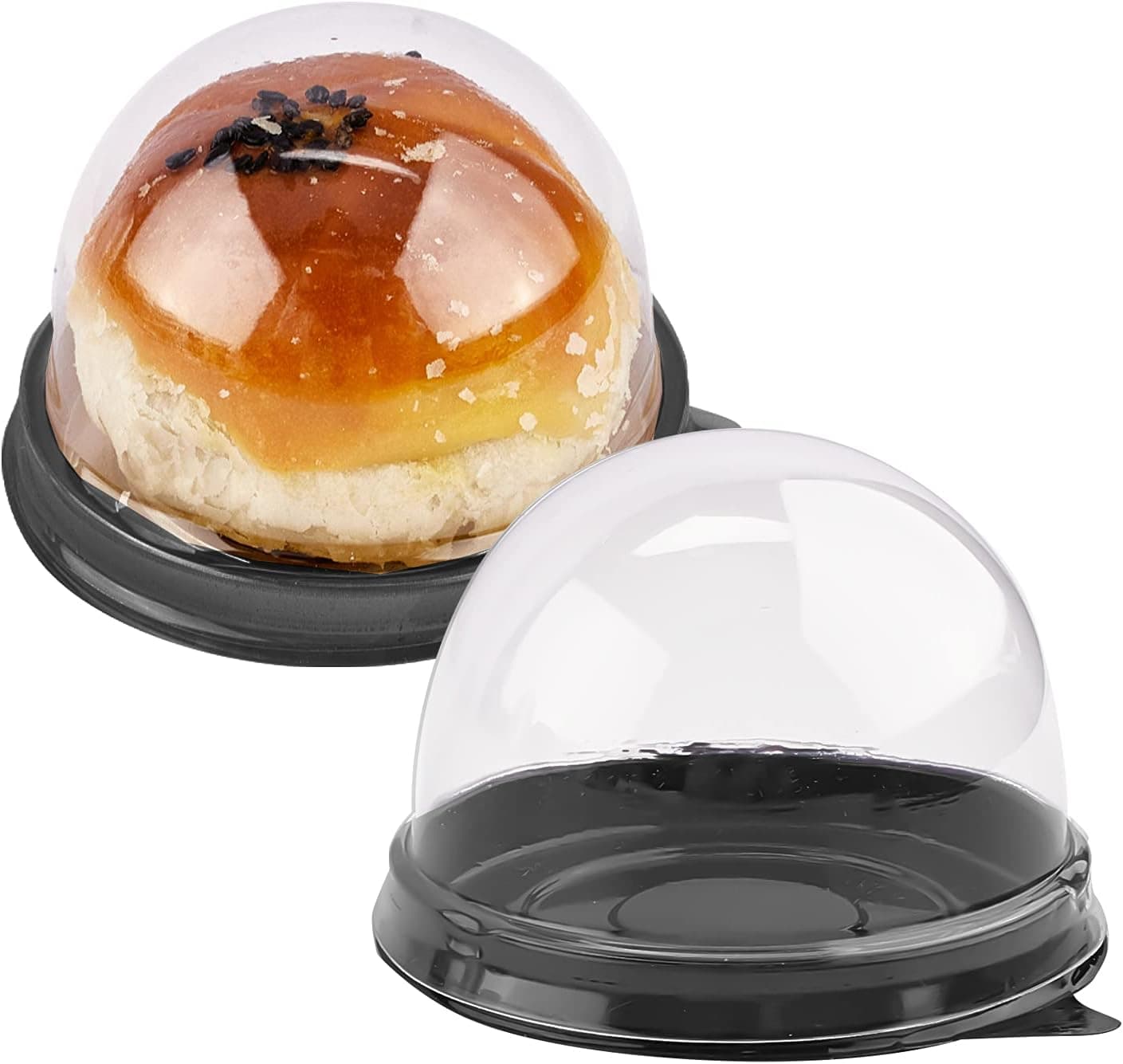Zezzxu 50 Pack Mini Bundt Cake Containers Clear Plastic Cupcake Box with Dome Lids for Chocolate Covered Cookies, Muffin, Cheesecake, Mooncake and Mini Desserts (Black Base)
