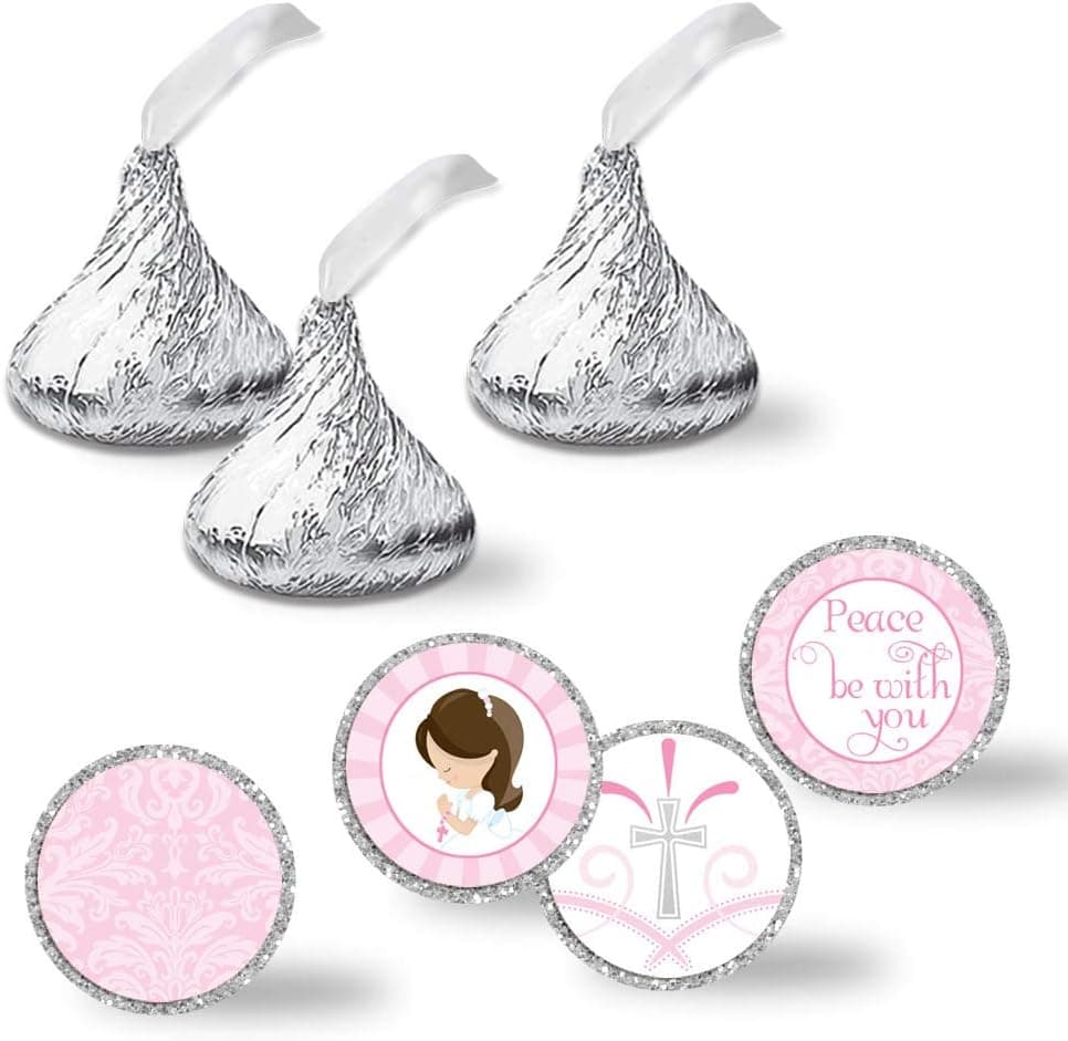 First Holy Communion Religious Kiss Sticker Labels for Girls (Light Skin, Brown Hair), 300 Party Circle Sticker sized 0.75” for Chocolate Drop Kisses by AmandaCreation, Great for Party Favors, Envelope Seals & Goodie Bags