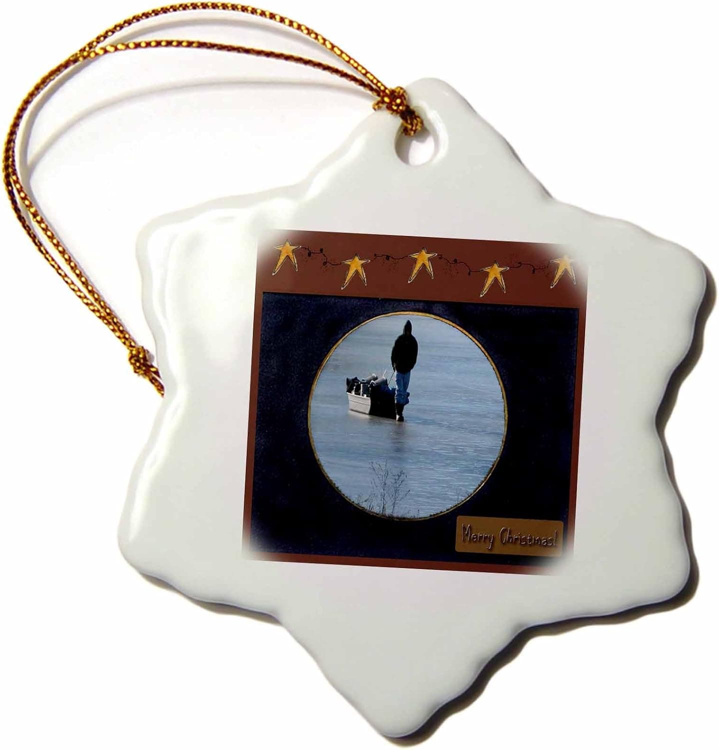 3dRose ORN_26919_1 Ice Fishing Merry Christmas-Snowflake Ornament, 3-Inch, Porcelain