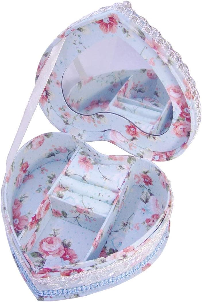 Terraneos Heart Shape Jewelry Gift Box with Mirror 6.7X6X2.3” Retro Caddy for Earrings Rings Necklace Holder Organizer Ancient Storage Case Lace Fabric Tassel Flower Christmas Gifts Birthday Presents(Blue)