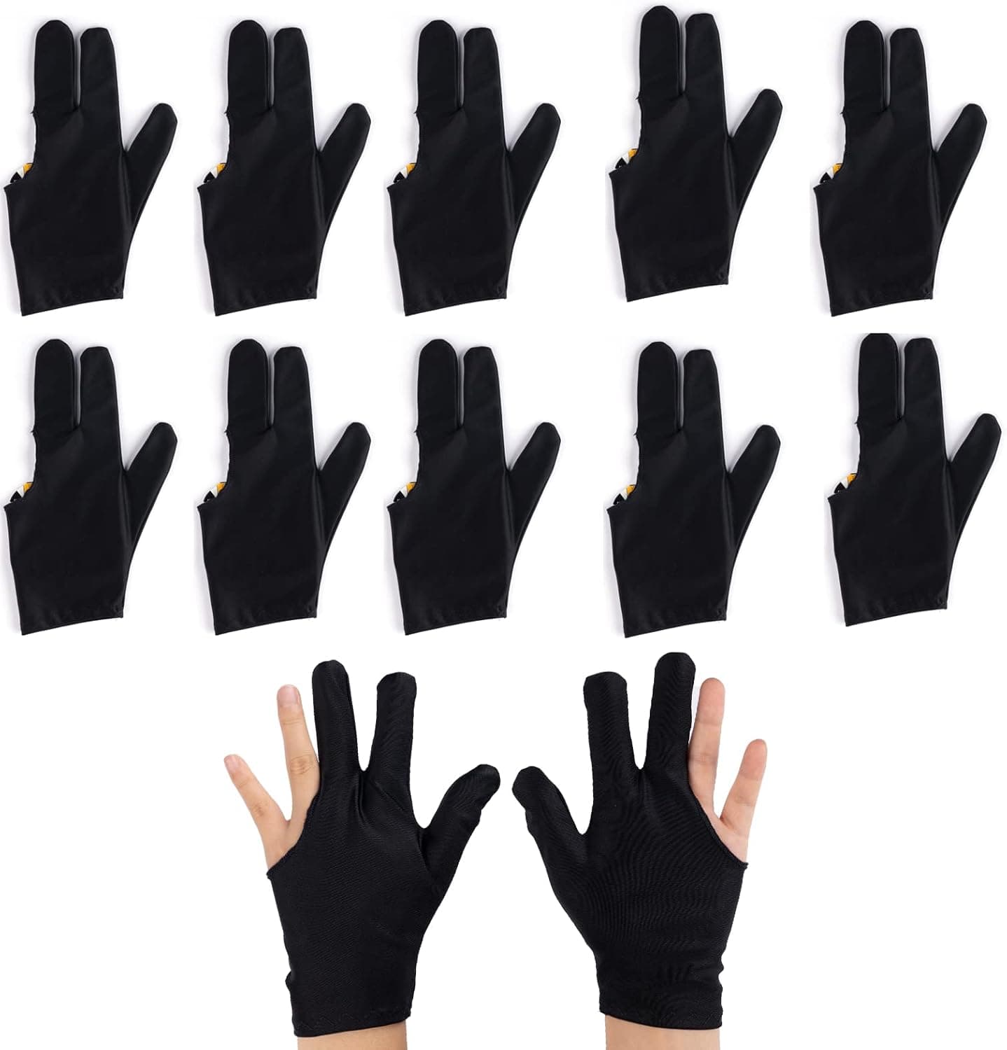 ORNOOU 10 Pieces Sports Billiard Glove Soft Quick-Dry 3 Fingers Show Pool Cue Gloves for Left Right Hand