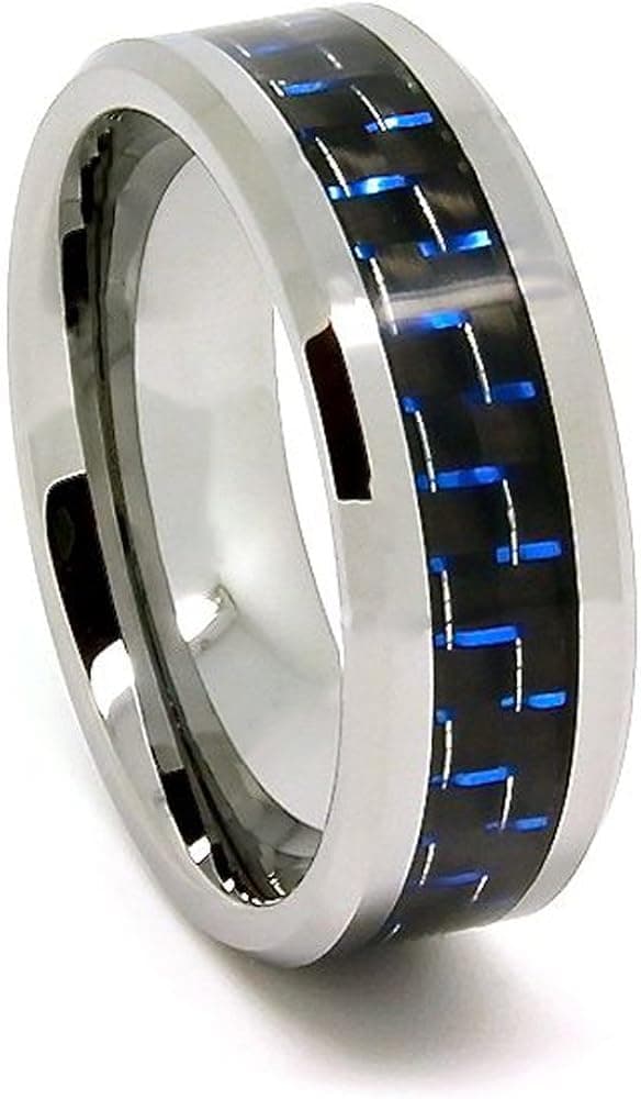8mm Tungsten Carbide Black and Blue Carbon Fiber Wedding Band (Available in Sizes 5-17)