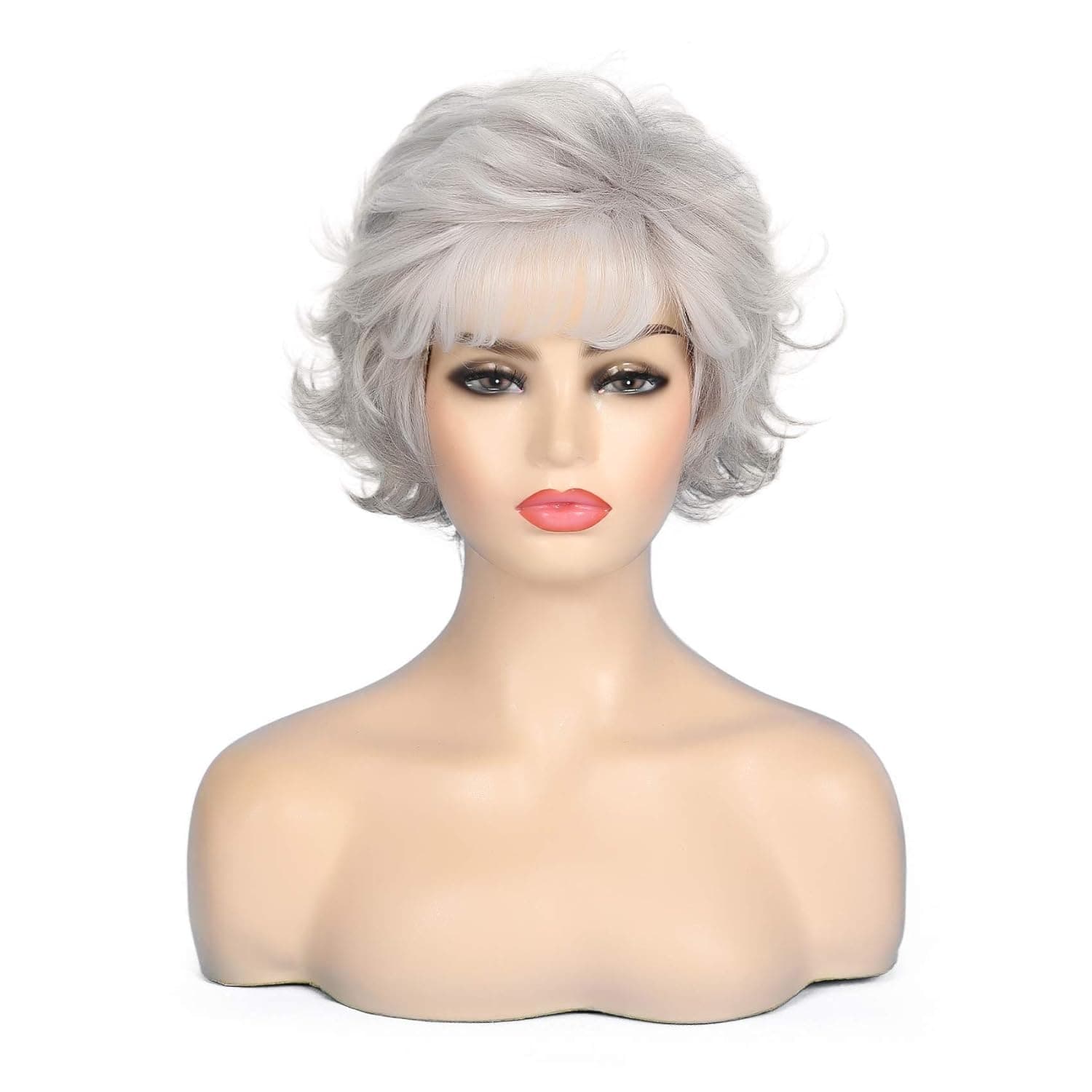 Kaneles Short Grey Wigs for Women Wavy Wig with Bangs Fluffy Natural Looking Old Lady Synthetic Costume Daily Wear Party Cosplay