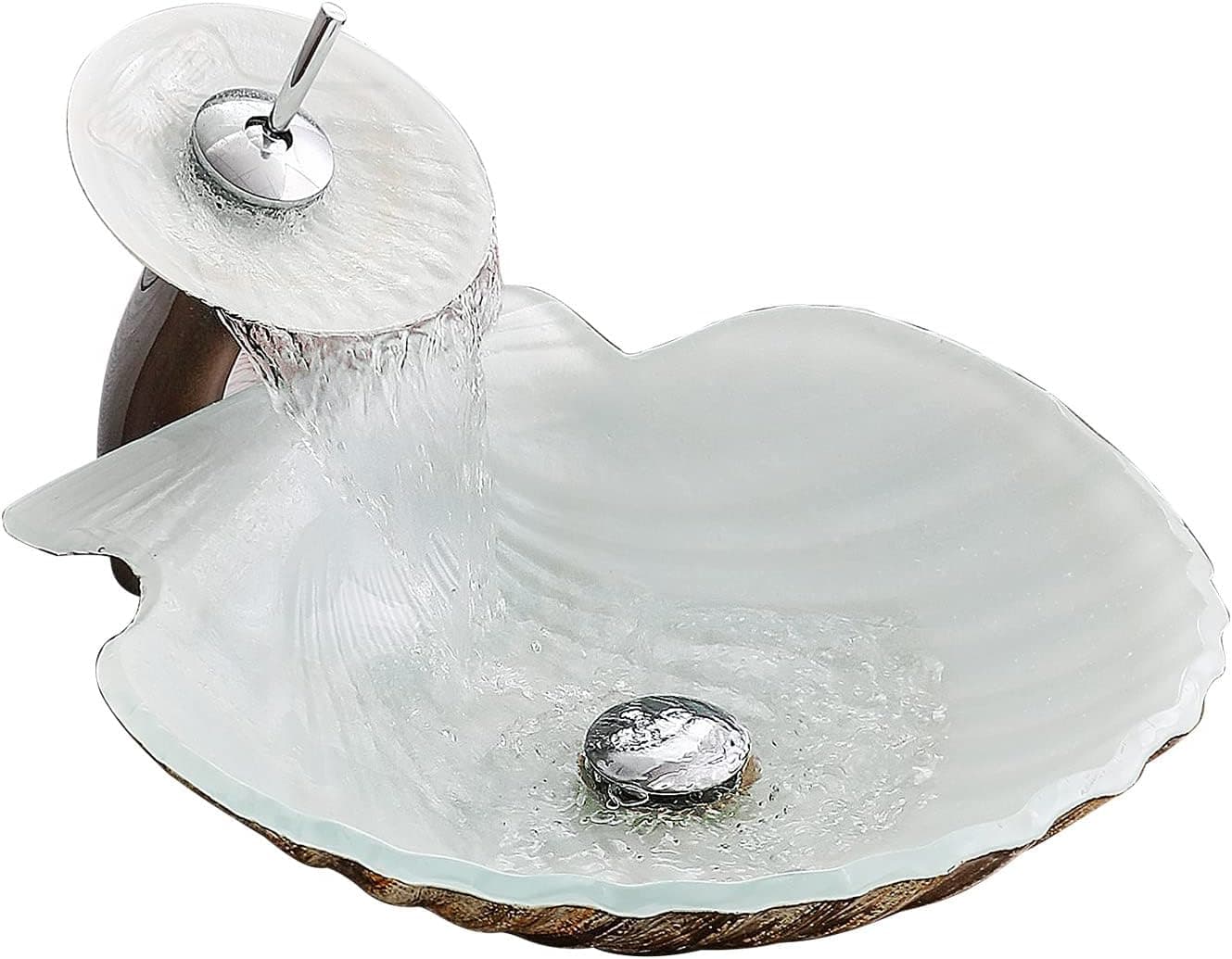 Shell Vessel Sink with Matching Faucet, Artistic Tempered Glass Sink, Bathroom Vessel Sink with Waterfall Faucet And Pop-Up Drain Set, Countertop Vanity Vessel Sink, Above Counter Basin