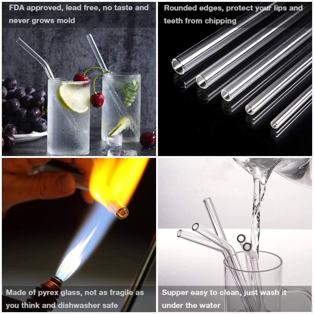Reusable Glass Drinking Straws, Healthy Boba Smoothie Straws, ECO Friendly - BPA Free, 9" x 0.55" / 0.4" / 0.32", 5 Pack with Cleaning Brush (Mixed Size)