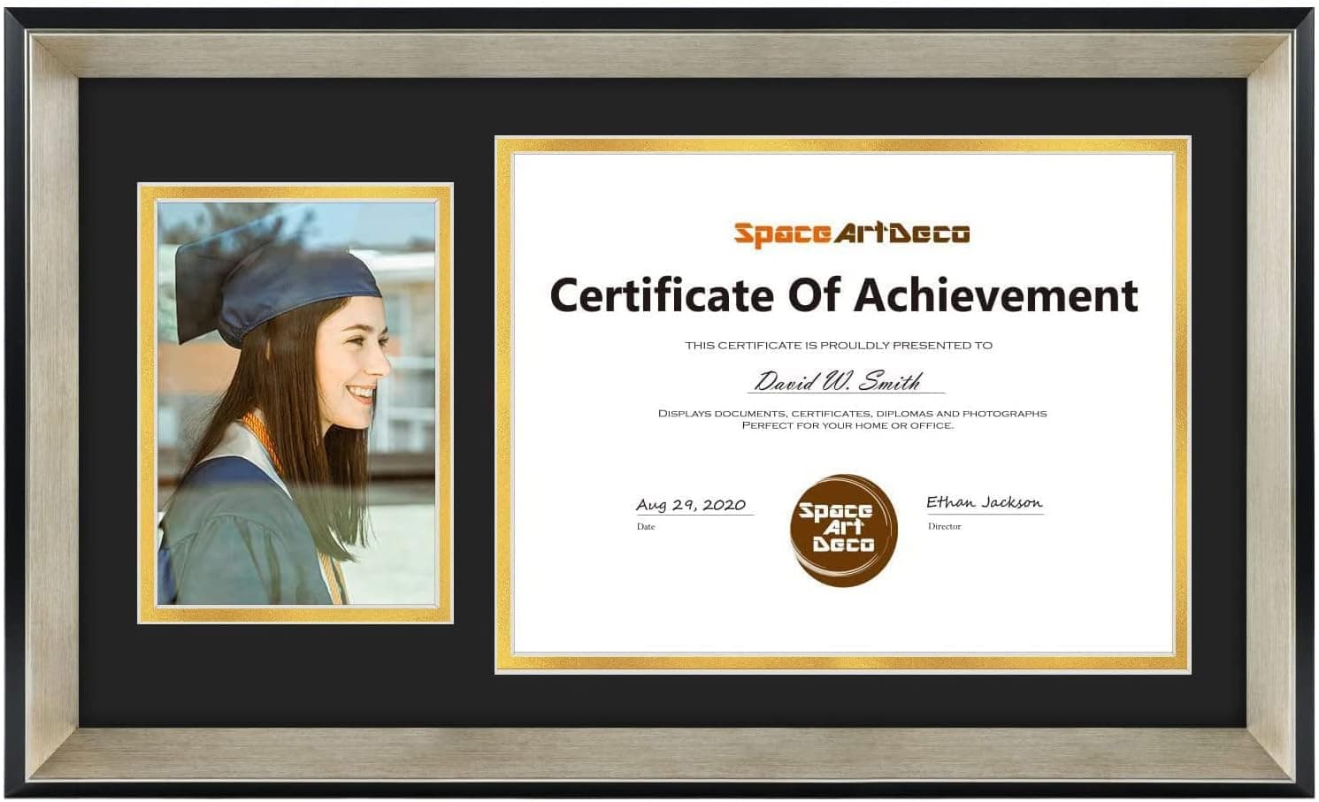 Space Art Deco, 11x19.5 Diploma Frame with Black Over Gold Double Mat for 8.5x11 Documents and One 5x7 Picture, Shatter-Resistant Glass Sawtooth Hangers Wall Mount Display (Silver and Black)