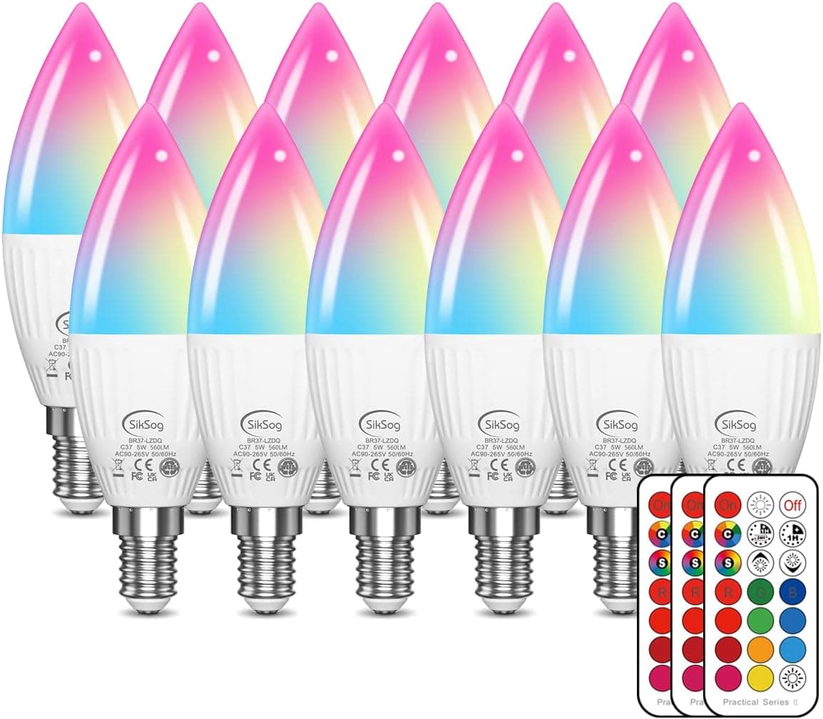 E12 LED Bulb Color Changing Candelabra Light Bulb with Remote Control, 50W Incandescent Equivalent, 560 Lumen,Cool White 5000K + 12 Colors, 5W E12 Small Base, Decorative Chandelier Light Bulb, 12 Pack