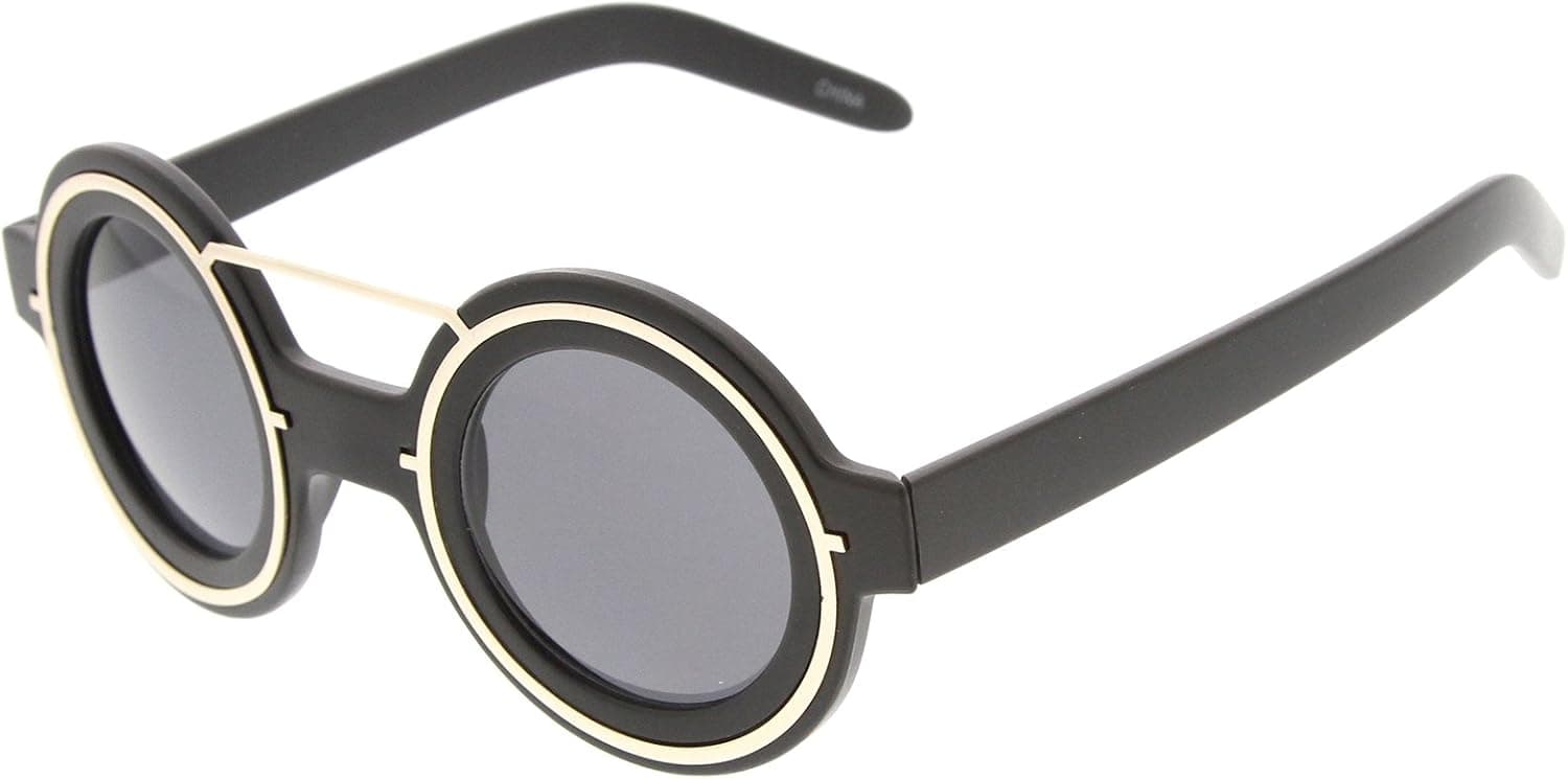 zeroUV Steampunk Fashion Plastic Metal Circle Round Sunglasses (Black-Gold Smoke)