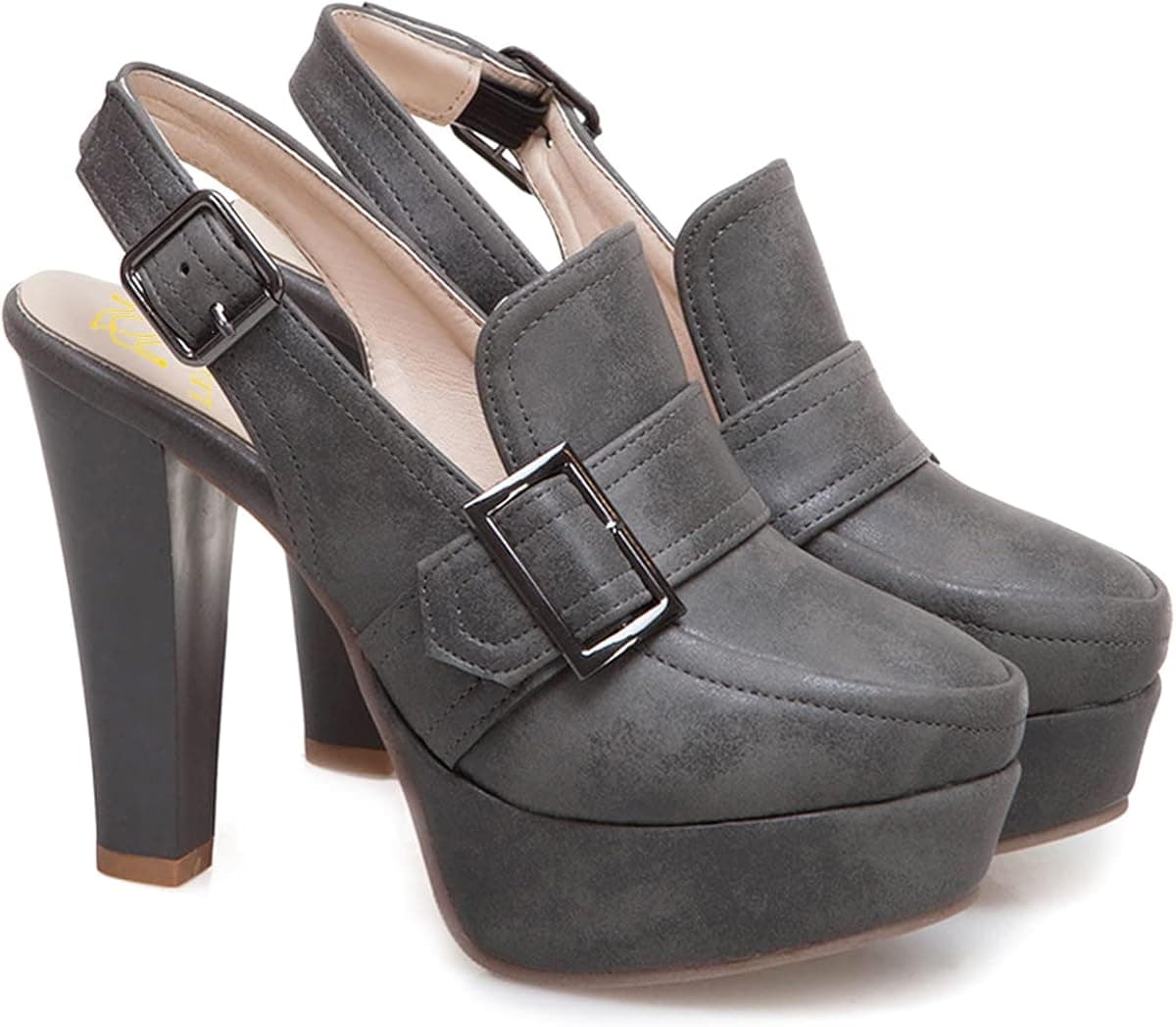 LEHOOR Women Vintage Gray Chunky Platform Loafers Shoes Round Closed Toe Block High Heel Pumps Slingback Ankle Strap 4 Inch Platform Sandals with Buckle Ladies Dressy Wedding Party Ball Grey 7 M US