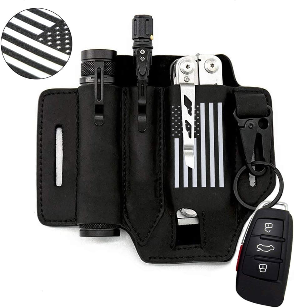 Multitool Sheath for Belt with 3D American Flag,Leather EDC Pocket Organizer for Men,Leather Flashlight Holster,Sheath for Flashlights,Key Fob,Leather EDC Pocket Organizer(Black)