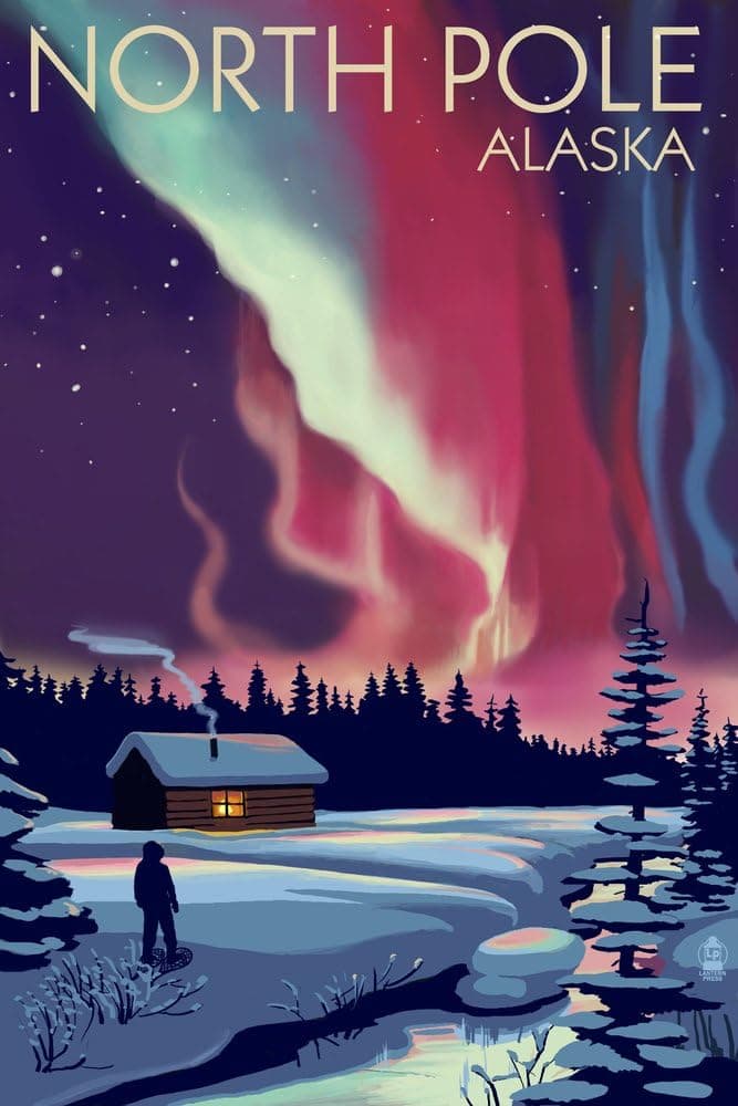 North Pole, Alaska, Northern Lights and Cabin (16x24 Giclee Gallery Art Print, Vivid Textured Wall Decor)