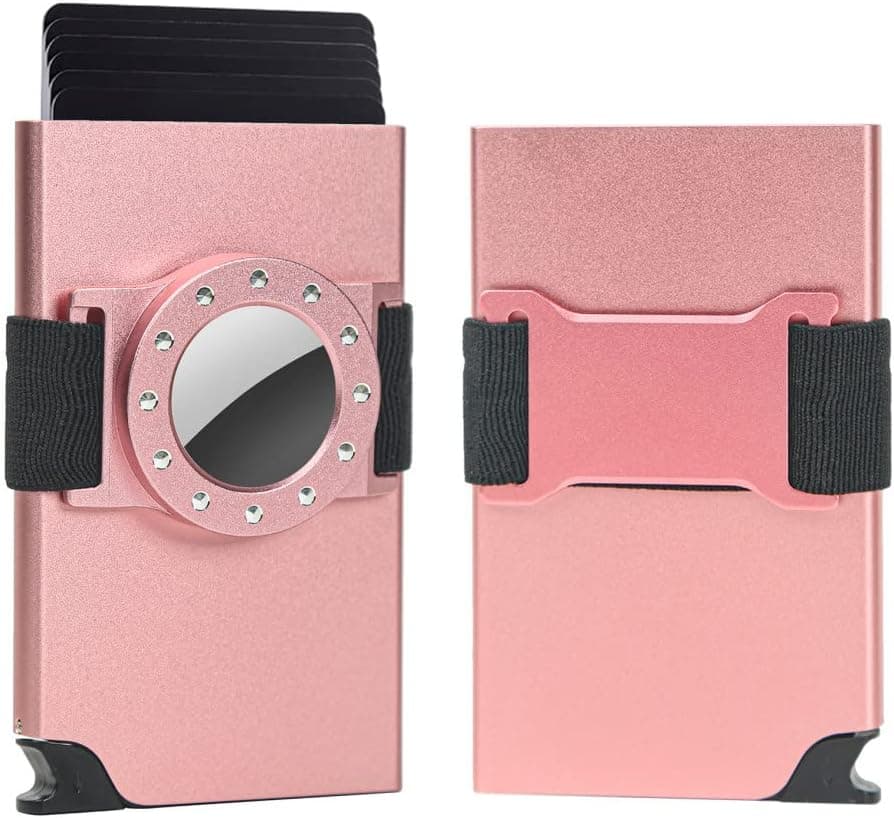 Le Vasty Womens Airtag Wallet, Minimalist Small Wallet for Women, RFID Blocking Pop Up Wallet Women, Aluminum Metal Card Case Wallets, Cute Wallet with Airtag Holder with Cash Strap (Pink)