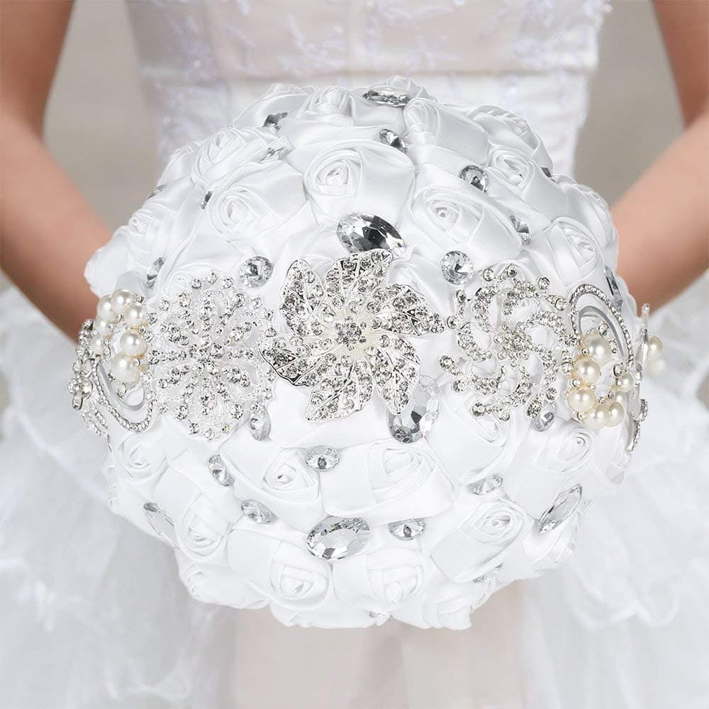 21cm Handmade Wedding Brooch Rhinestone Bridal Bouquet Satin Rose Flower with Artificial Pearls Decorated for Bride Wedding Supplies