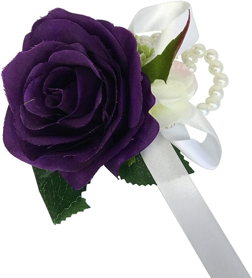 Angel Isabella Wrist Corsage with Pearl Wristband-Artificial Roses Hydrangea (Purple)