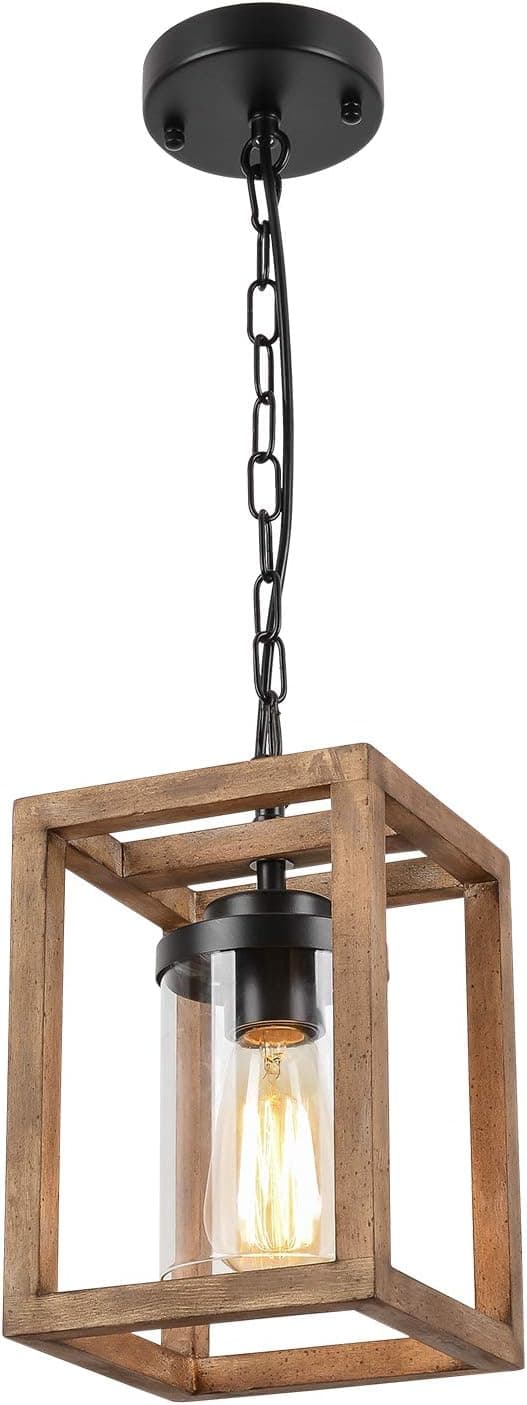 HMVPL Farmhouse Pendant Lights Kitchen Island, Wood Hanging Light Fixture with Glass Shade and Adjustable Chain, Rustic Outdoor Chandelier for Porch Foyer Dining Living Room Gazebo