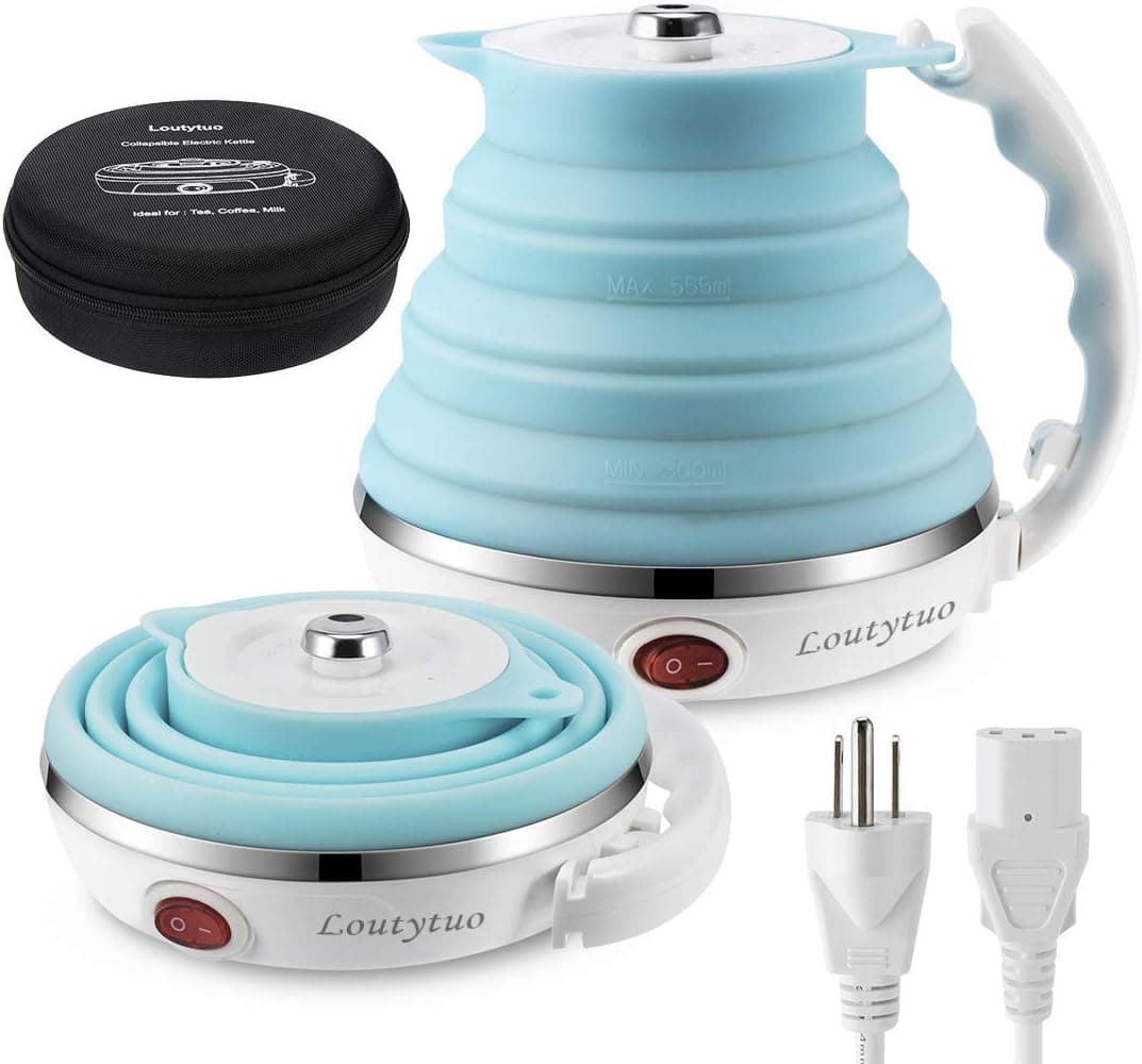 Ultrathin Upgraded Food Grade Silicone Travel Foldable Electric Kettle Boil Dry Protection Portable with Dual Voltage and Separable Power Cord,555ML 110-220V US Plug (Renewed)