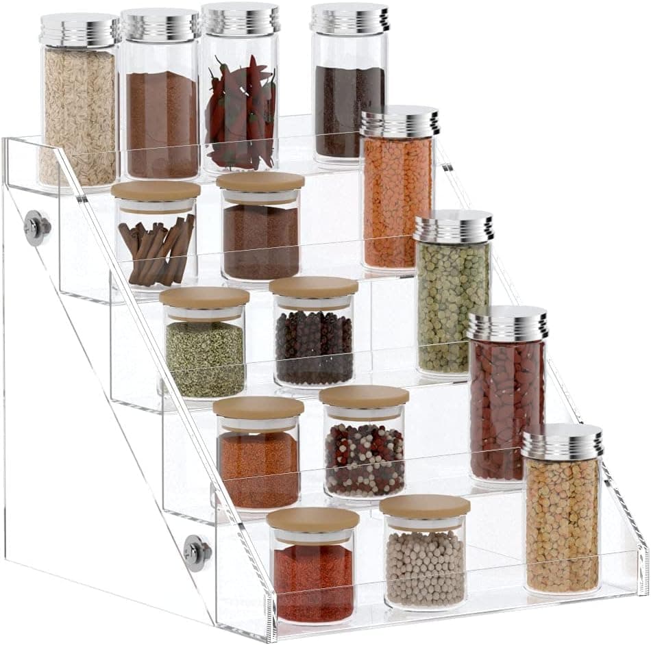 FEMELI 5 Tiers Acrylic Spice Rack for Cabinet Pantry in Kitchen,Clear Spice Organizer for Countertop