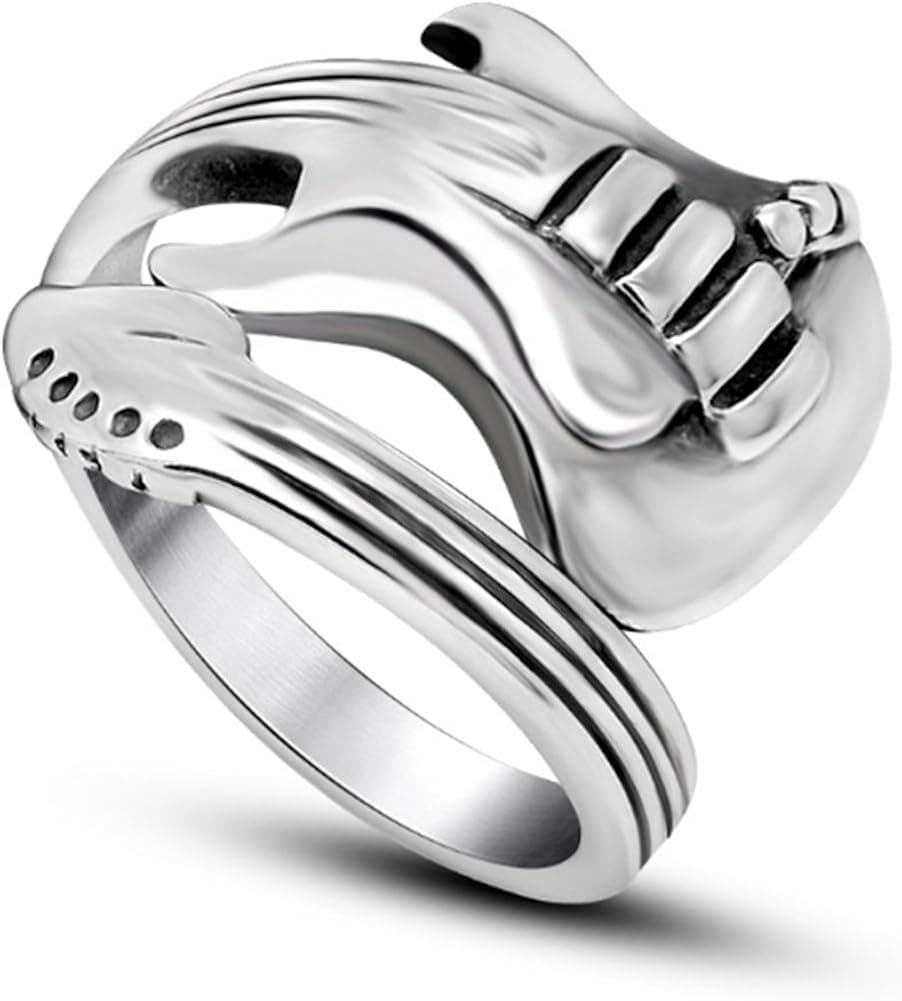 Chryssa Youree Men Women's Gothic Europe Opening Ring Titanium Stainless Steel Jewelry Lovers Rock Classic Music Engraved Guitar Punk Ring Silver Size 7-12 (DJZ-36) (Size 8)