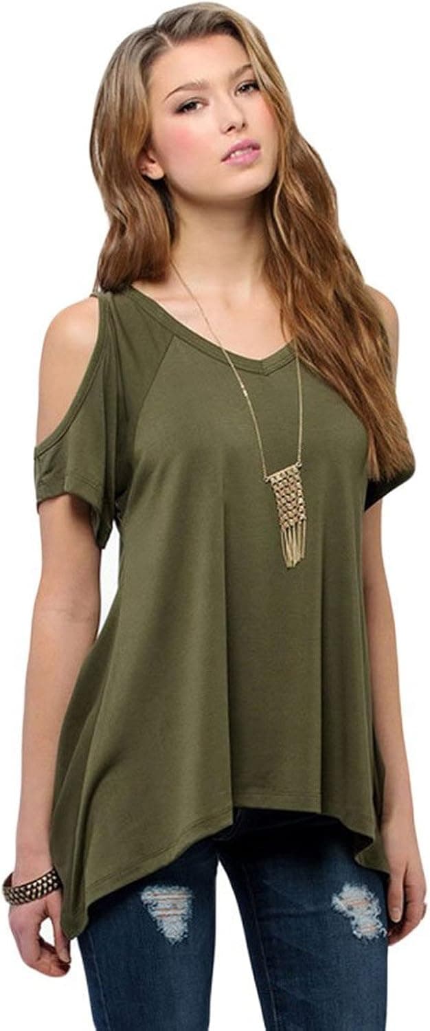 Urban CoCo Women's Vogue Shoulder Off Wide Hem Design Top Shirt