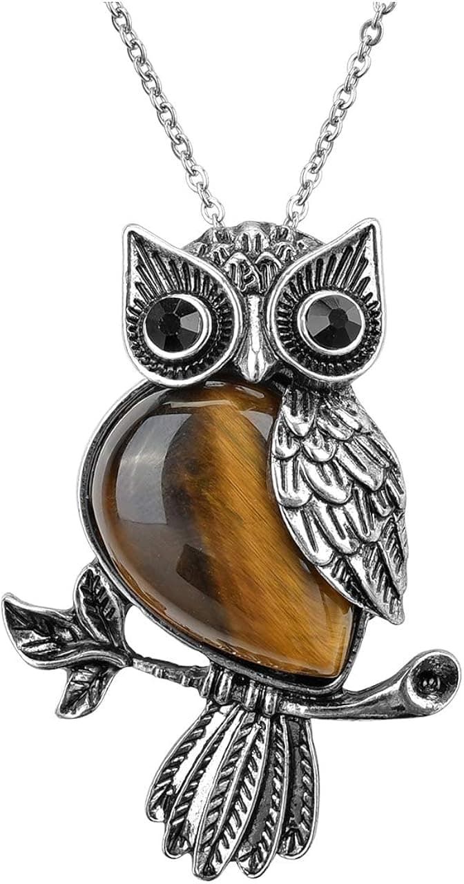 Jovivi Owl Gifts Owl Necklace Healing Crystal Stones Pendant Necklaces for Women Men Natural Amethyst Rose Quartz Gemstone Jewelry for Reiki Spiritual Energy Lucky