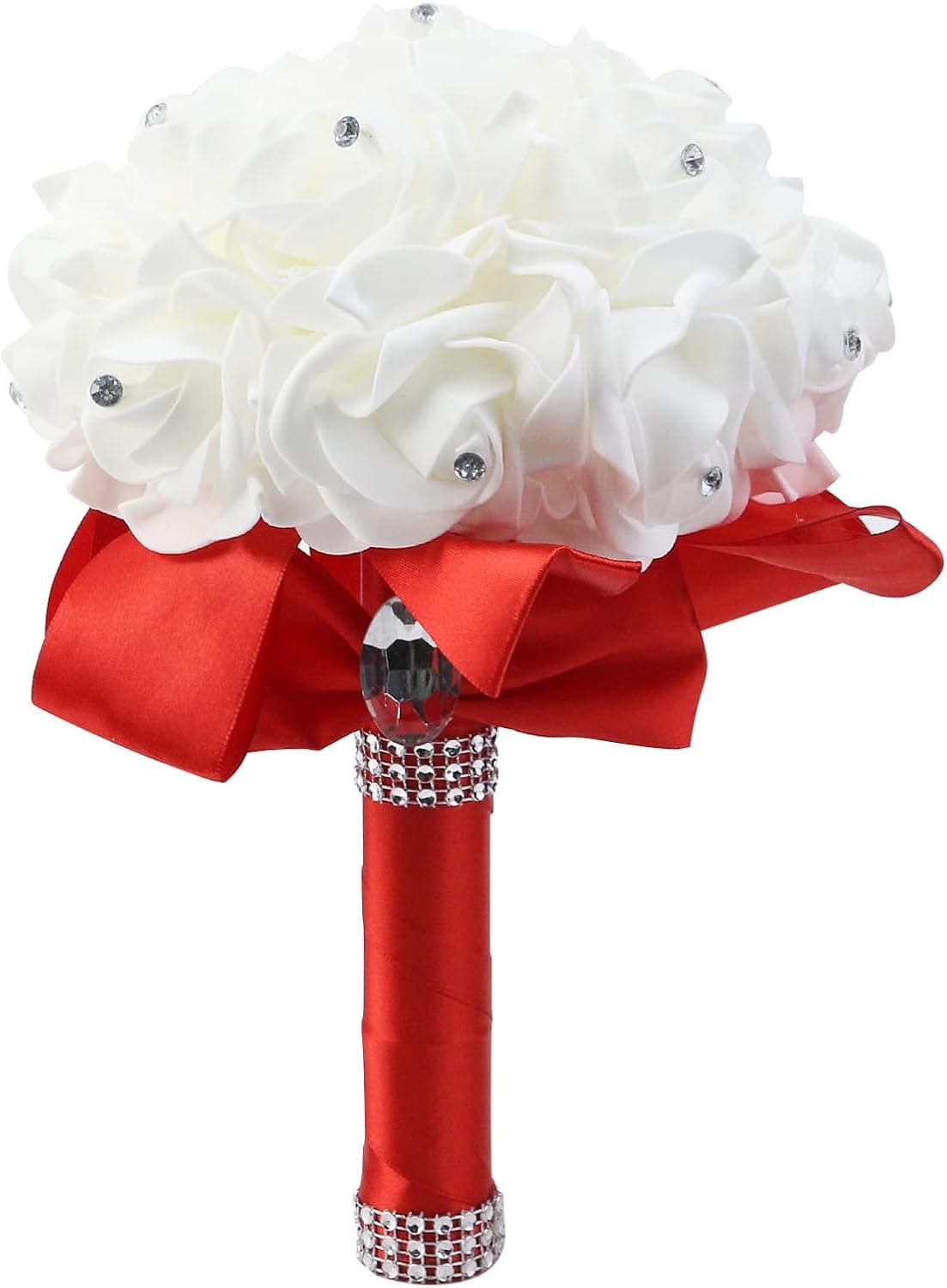 Antrader Artificial Wedding Holding Bouquet Flowers Roses Crystal Rhinestone Bridal Silk Throw Bouquet Red