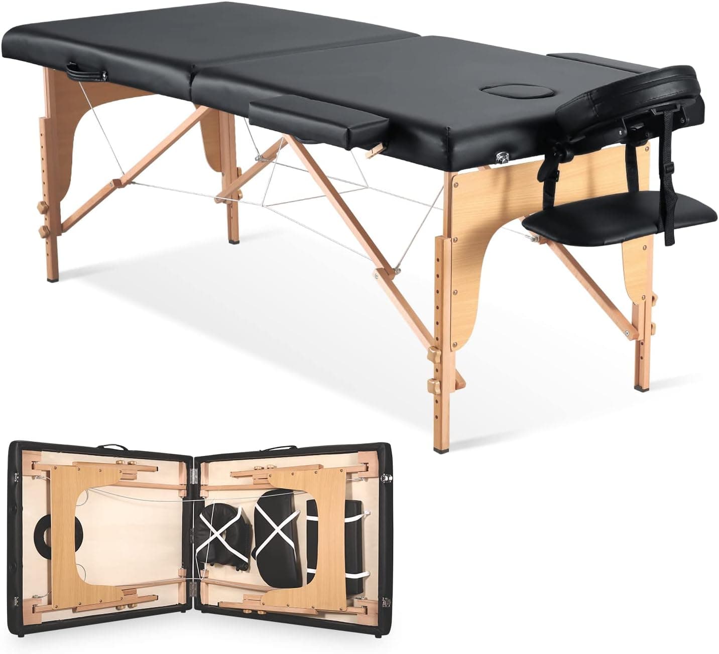 CHRUN 【Limited Time Promotion】 Portable Massage Table 23.6in Massage Bed Lash Bed Facial Bed SPA Bed Tattoo Table Height Adjustment with Accessories & Carrying Bag 2 Section Wooden